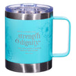 Load image into Gallery viewer, Strength & Dignity Teal Proverbs 31:25 Stainless Steel Mug