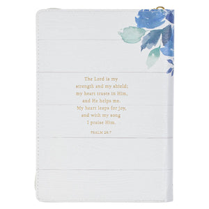 The Lord is my Strength Psalm 28:7 Blue Floral Faux Leather Zipper Journal