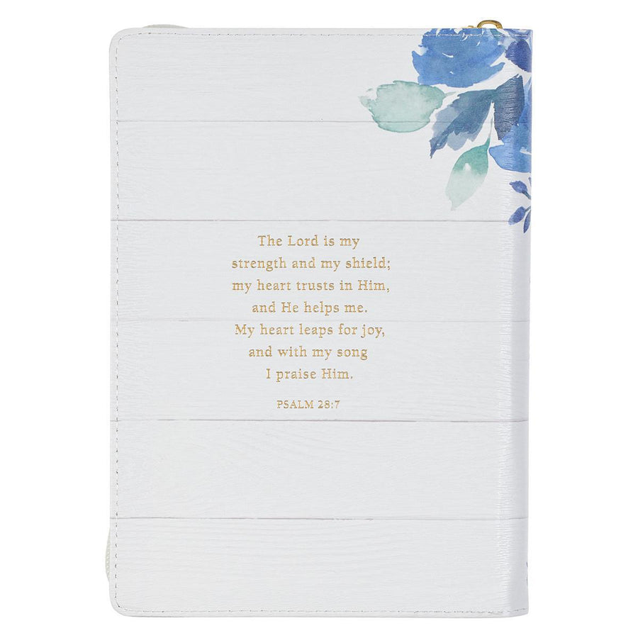 The Lord is my Strength Psalm 28:7 Blue Floral Faux Leather Zipper Journal