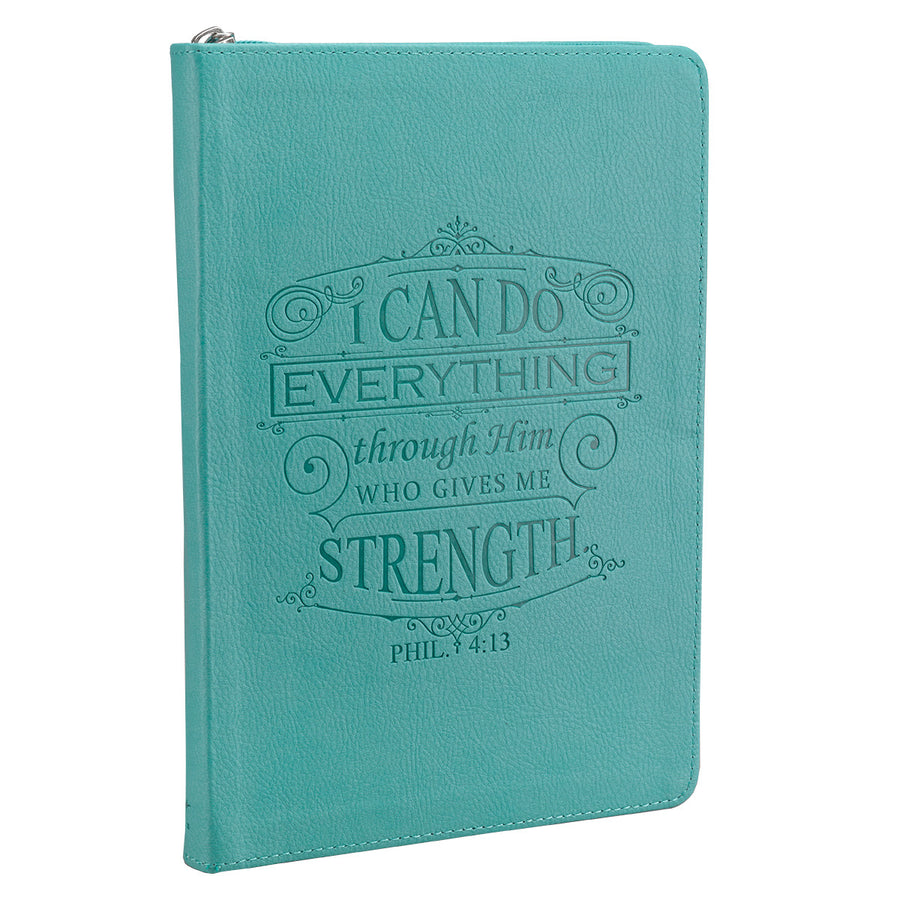 Personalized Custom Text I Can Do Everything Zippered Journal LuxLeather Philippians 4:13 Turquoise