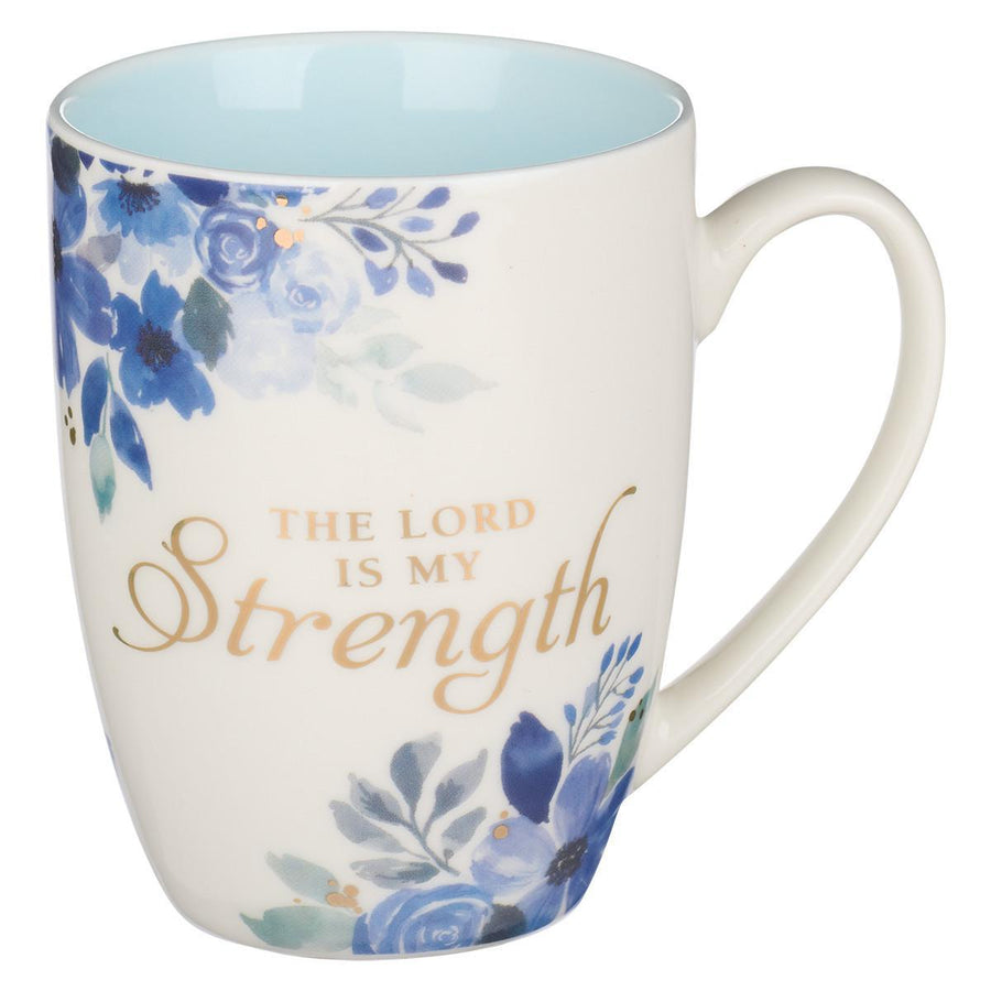 The Lord is My Strength Psalm 28:7 Blue Floral Ceramic Coffee Mug