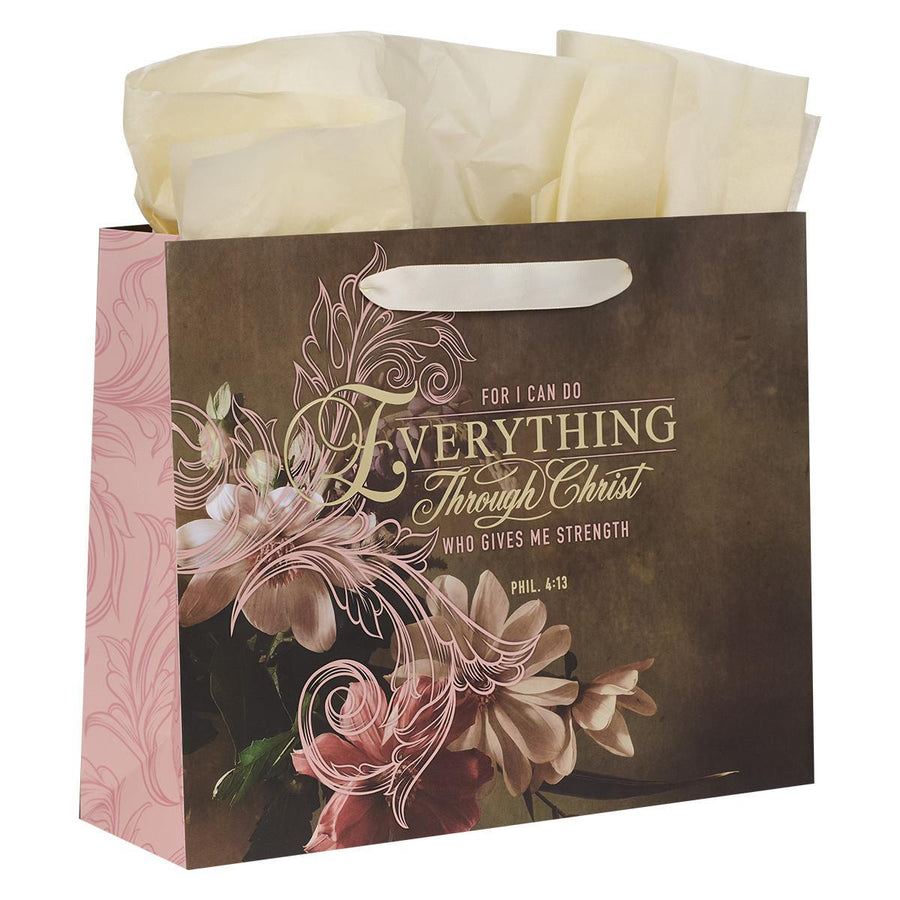 Through Christ Philippians 4:13 Brown & Pink Large Landscape Gift Bag with Card