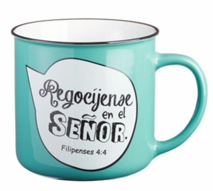 Taza turquesa estilo campamento Filipenses 4:4 (Spanish Philippians 4:4 Mug)