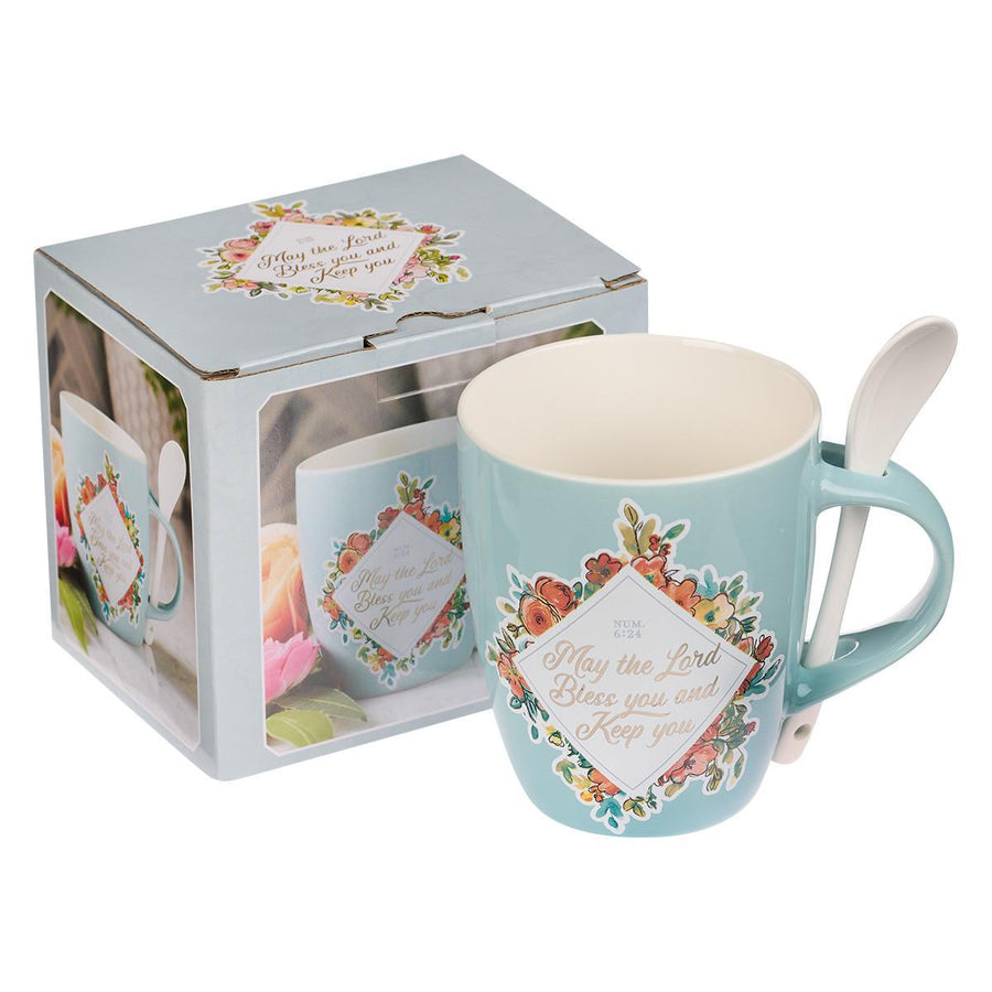 Bless You & Keep You Numbers 6:24 Teal Ceramic Coffee Mug with Spoon