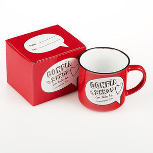 Taza roja estilo campamento Proverbios 3:5 (Spanish Proverbs 3:5 Mug)