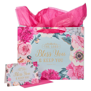 Bless You & Keep You Numbers 6:24 Pink Floral Landscape Gift Bag with Card