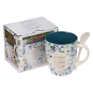 Saved by Grace Ephesians 2:8 Blue Floral Ceramic Coffee Mug with Spoon