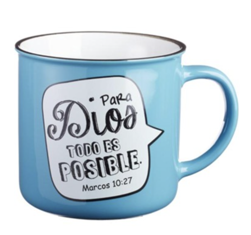 Taza azul estilo campamento Marcos 10:27 (Spanish Mark 10:27 Mug)