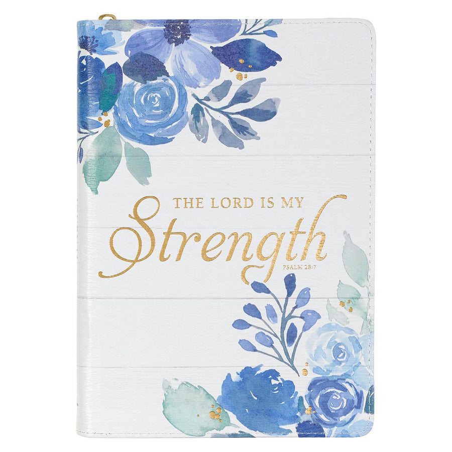 The Lord is my Strength Psalm 28:7 Blue Floral Faux Leather Zipper Journal