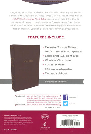 Personalized Custom Text NKJV Large Print Thinline Bible Leathersoft Burgundy New King James Version