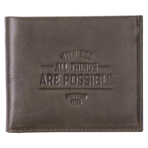 With God All Things Are Possible Matthew 19:26 Brown Genuine Leather Wallet