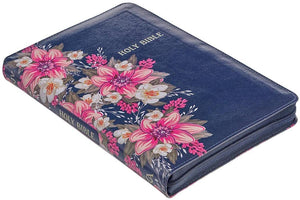 Personalized Custom Text Your Name KJV Deluxe Gift Bible Floral Blue Faux Leather with Thumb Index and Zippered Closure King James Version