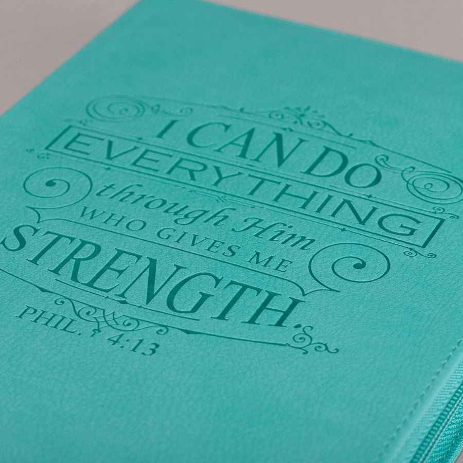 Personalized Custom Text I Can Do Everything Zippered Journal LuxLeather Philippians 4:13 Turquoise